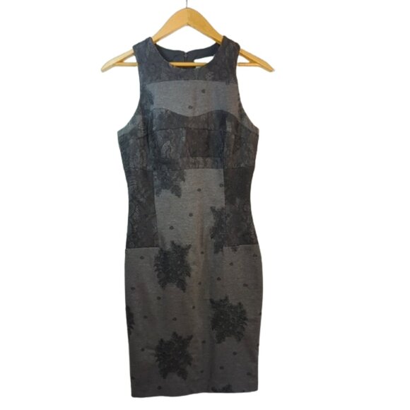 Anthropologie Maeve Gray Black Lace Flocked Column Zip Dress | Size‎ Small - Picture 2 of 8